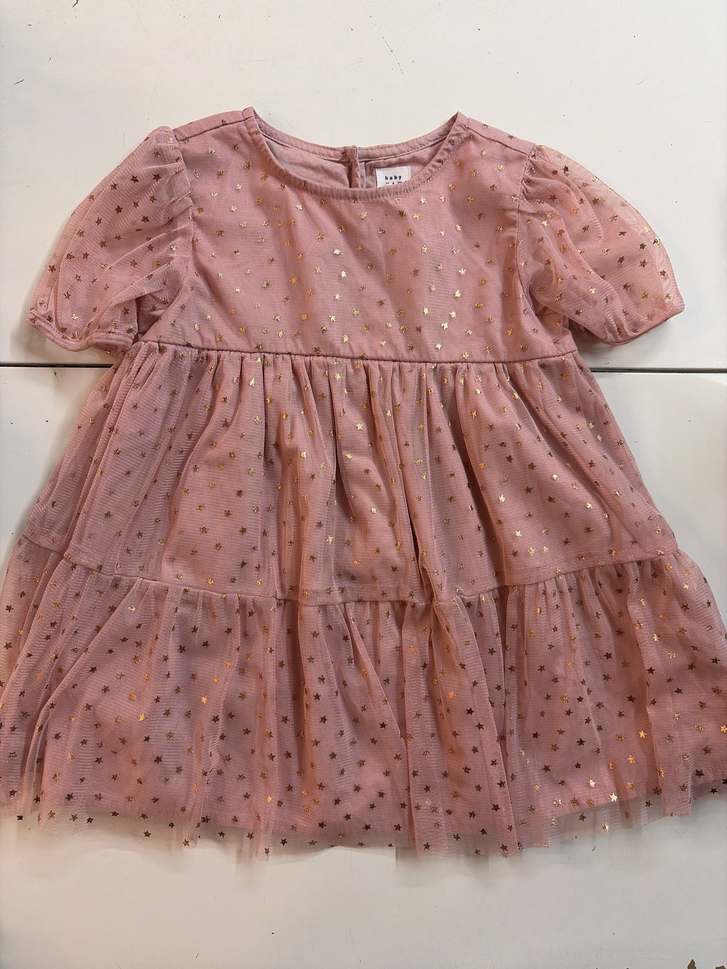 2t Baby Gap pink mesh puff sleeve dress with rose gold foil star detail