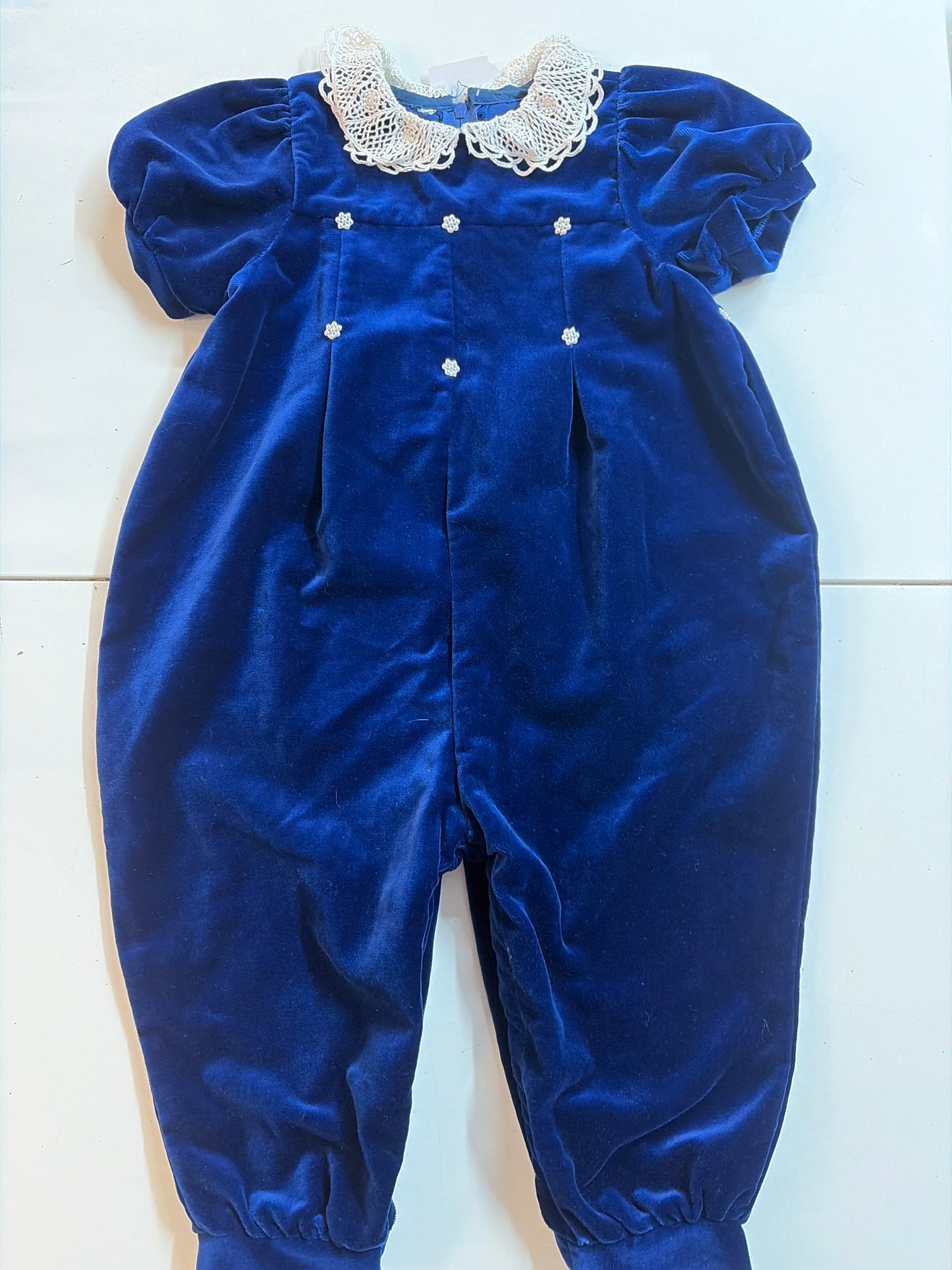 3t Vintage blue velvet with pearl flower detail and lace collar romper