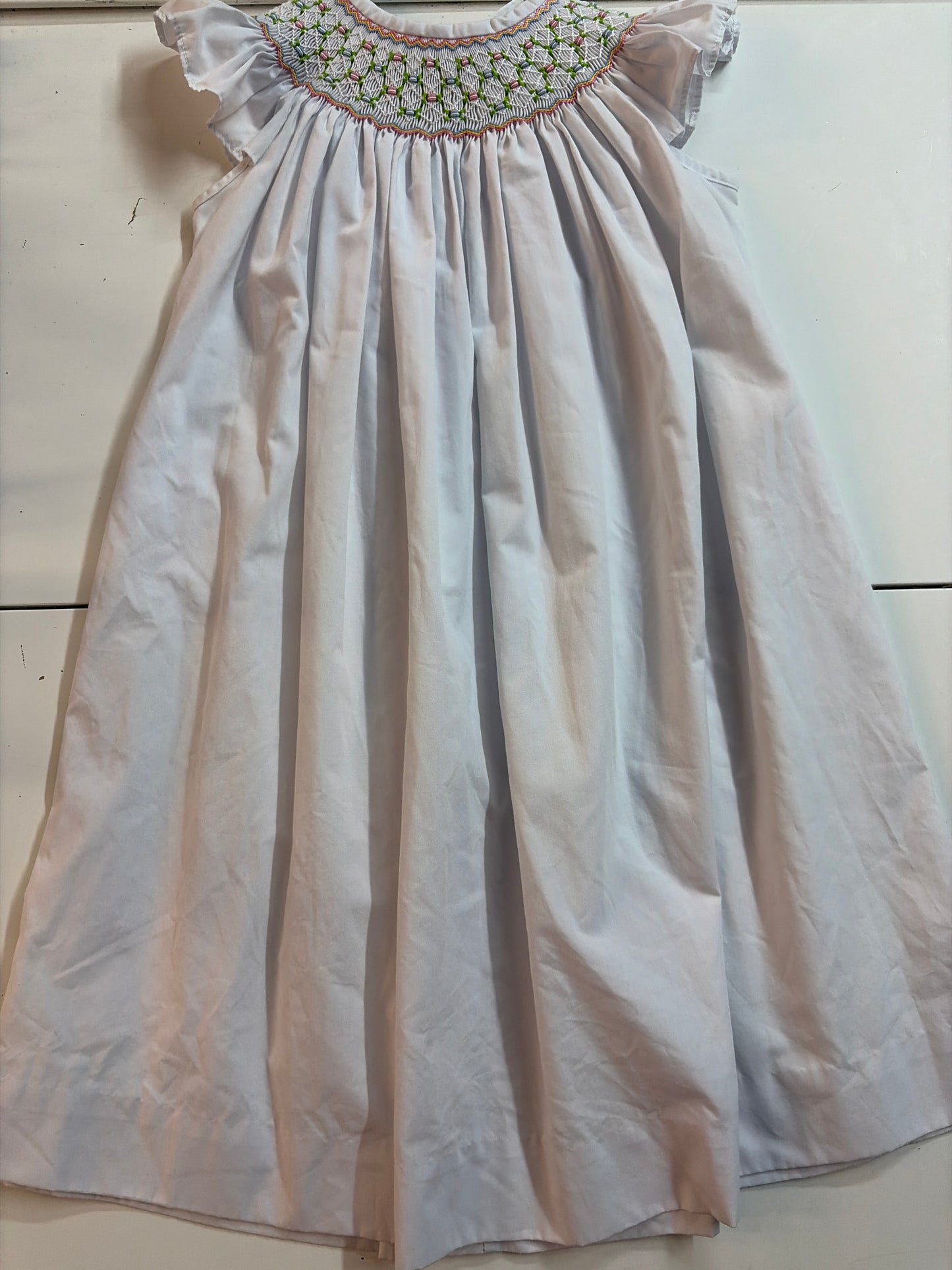 4t Zucchini smocked long dress white with pink,blue,green, and yellow embroidery detail