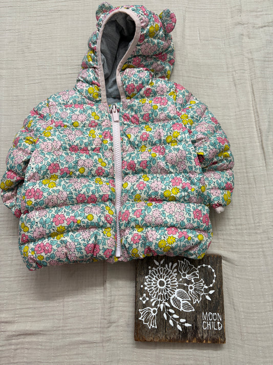 Baby Gap adorable floral puffer jacket 6/12 with bear ears hood