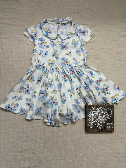 Doen blue floral dress cream bg with Peter pan collar