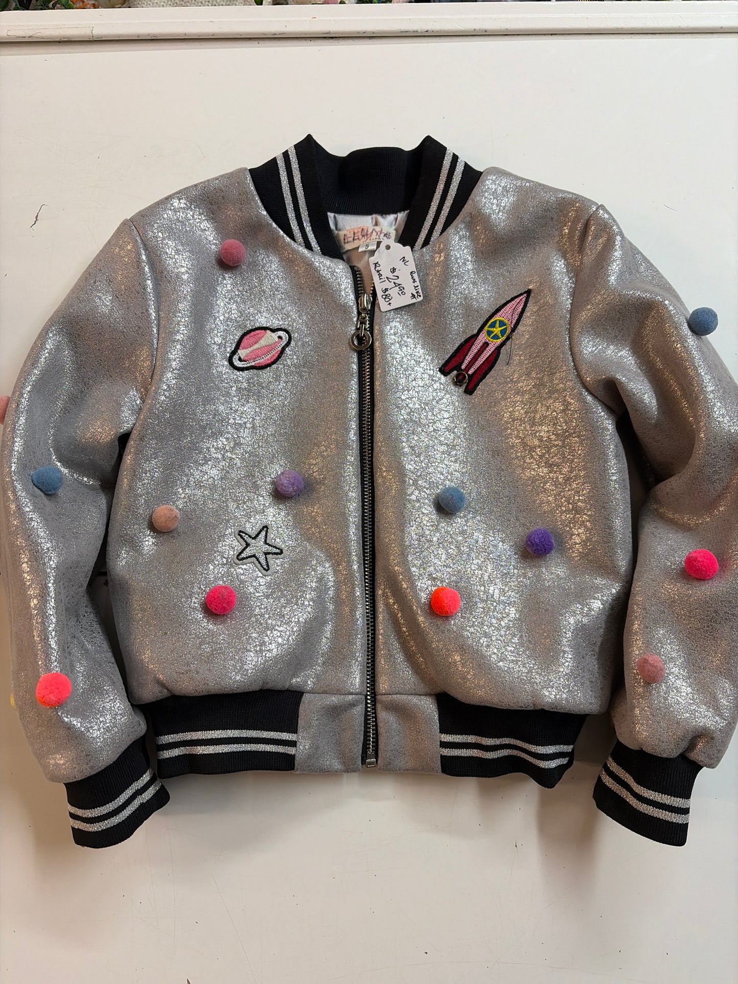 4t Truly Me fun silverbbomber jacket with multicolored poms and space theme embroidery