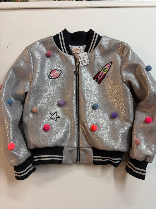 4t Truly Me fun silverbbomber jacket with multicolored poms and space theme embroidery